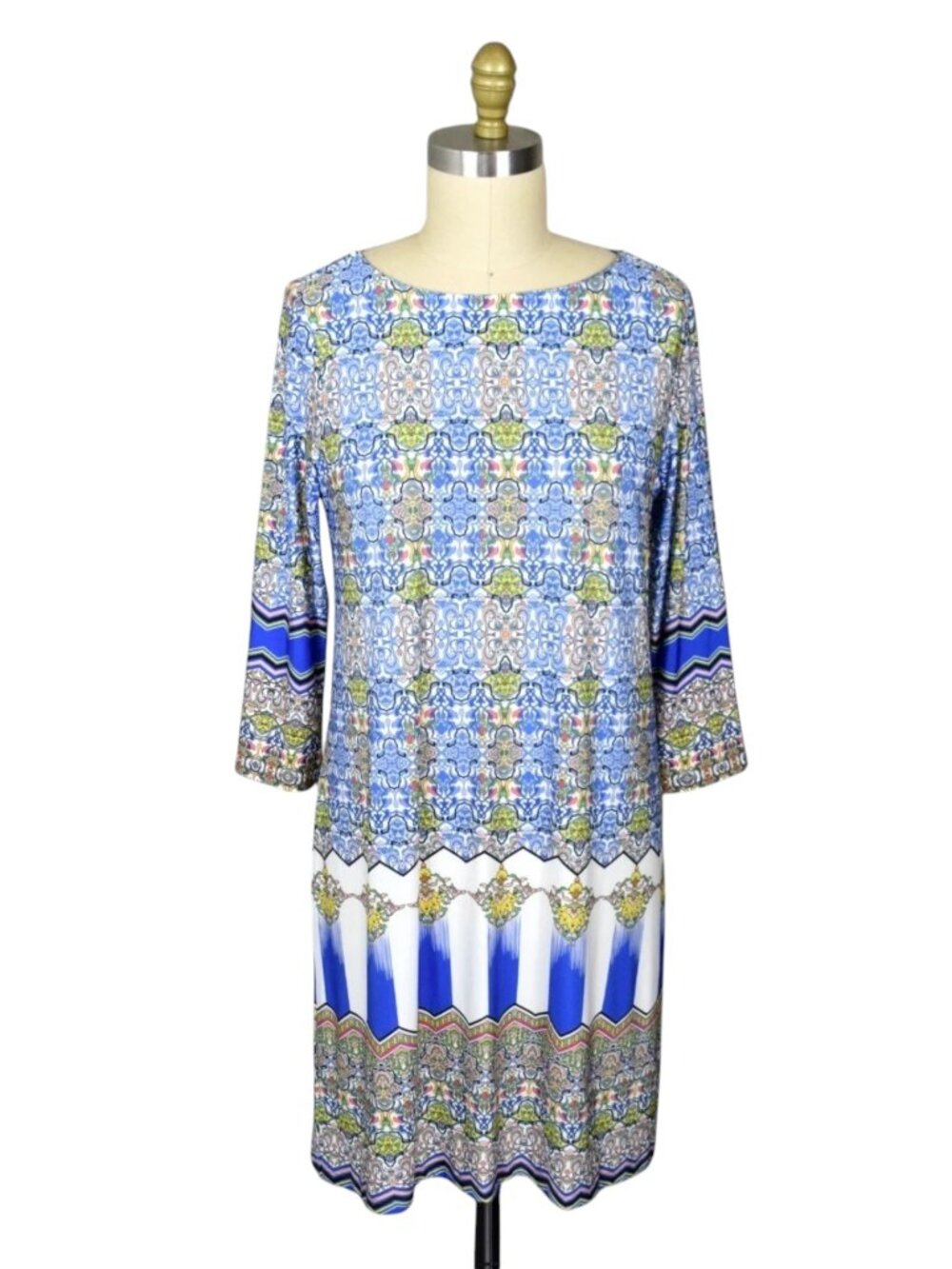 ISLE BY MELIS KOZAN GEOMETRIC PRINT BLUE WHITE 3/4 SLEEVE DRESS - Picture 2 of 8